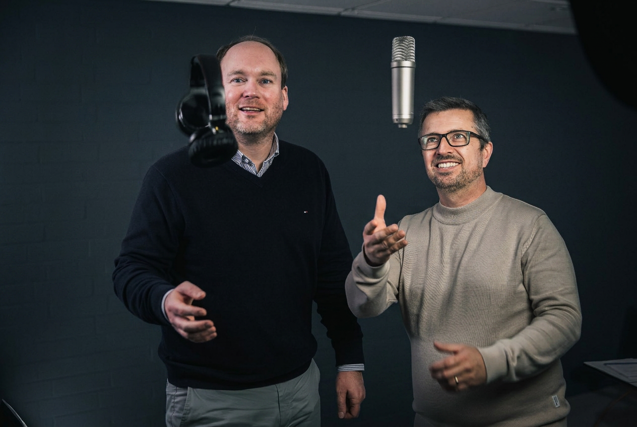 Die Hosts Peter Reininghaus und Pascal Wiedemann im Podcast-Studio vor Mikrofonen, im Gespräch über Lohnabrechnung.